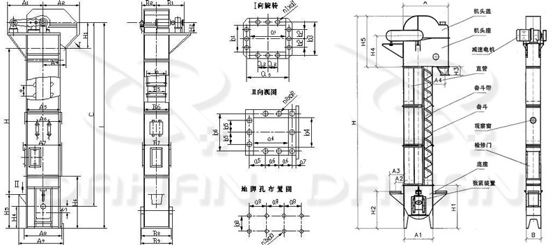 TD/D型斗式提升機基本結(jié)構(gòu):機頭蓋，機頭座，減速電機，直管，底座，緊張裝置等。