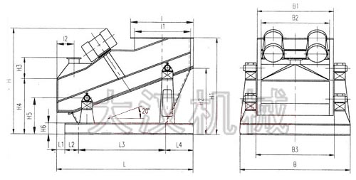 ZSG礦用振動篩外形示意圖：B為礦用振動篩寬度，L為礦用振動篩長度。H為礦用振動篩高度等。