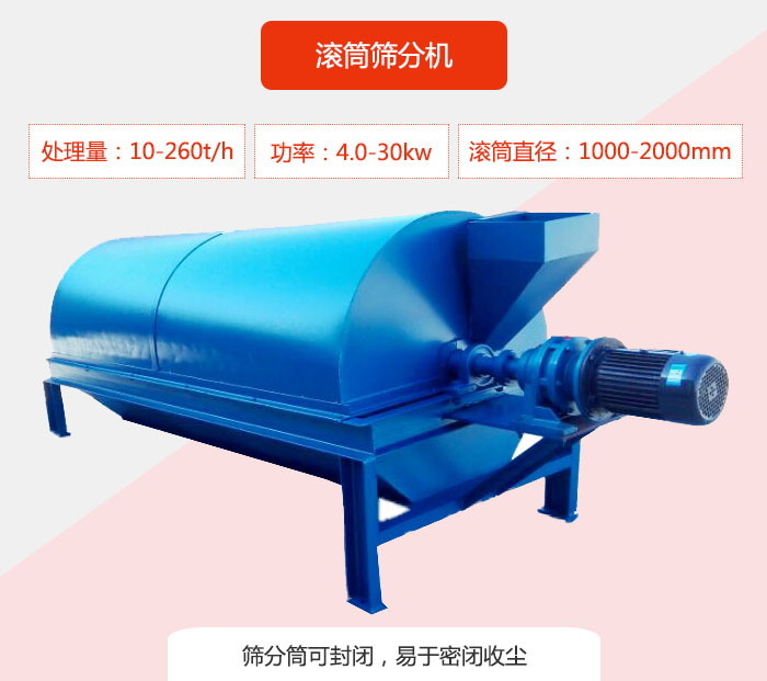 滾筒篩分機：處理能力：10-260t/h  功率：4.0-30kw 滾筒直徑：1000-2000mm 篩分筒可封閉，易于密閉收塵