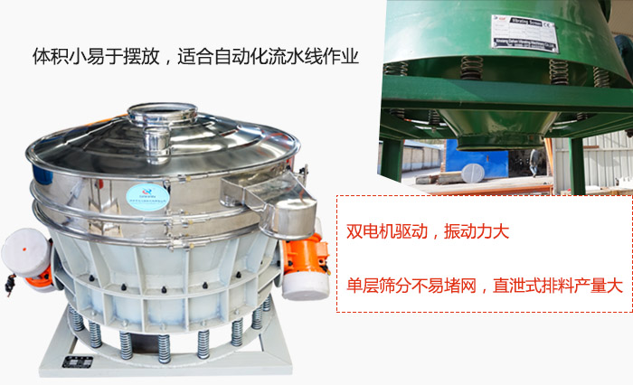 雙電機驅(qū)動，振動力大，單層篩分不易堵網(wǎng)，直泄式排料產(chǎn)量大